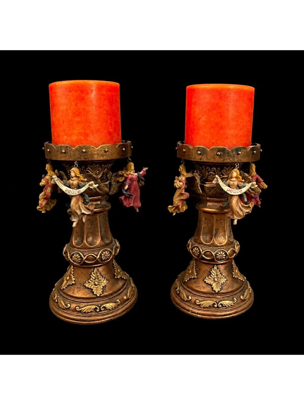 Angel Theme Resin Antique Bronze Finish Pillar Candle Holders Set of 2